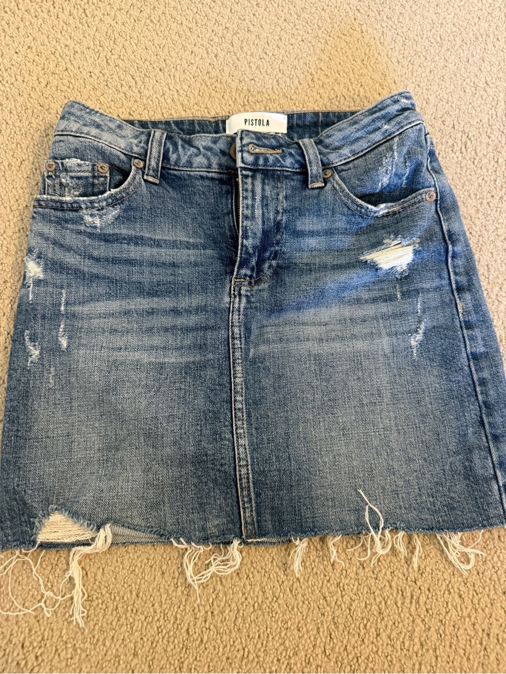 pistola medium blue distressed denim mini skirt
